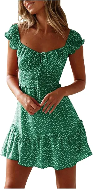 Floral Dress for Women Square Neck Ruffle Cap Sleeve Tie Front Mini Dress A Line Tiered Elastic Waist Summer Dresses