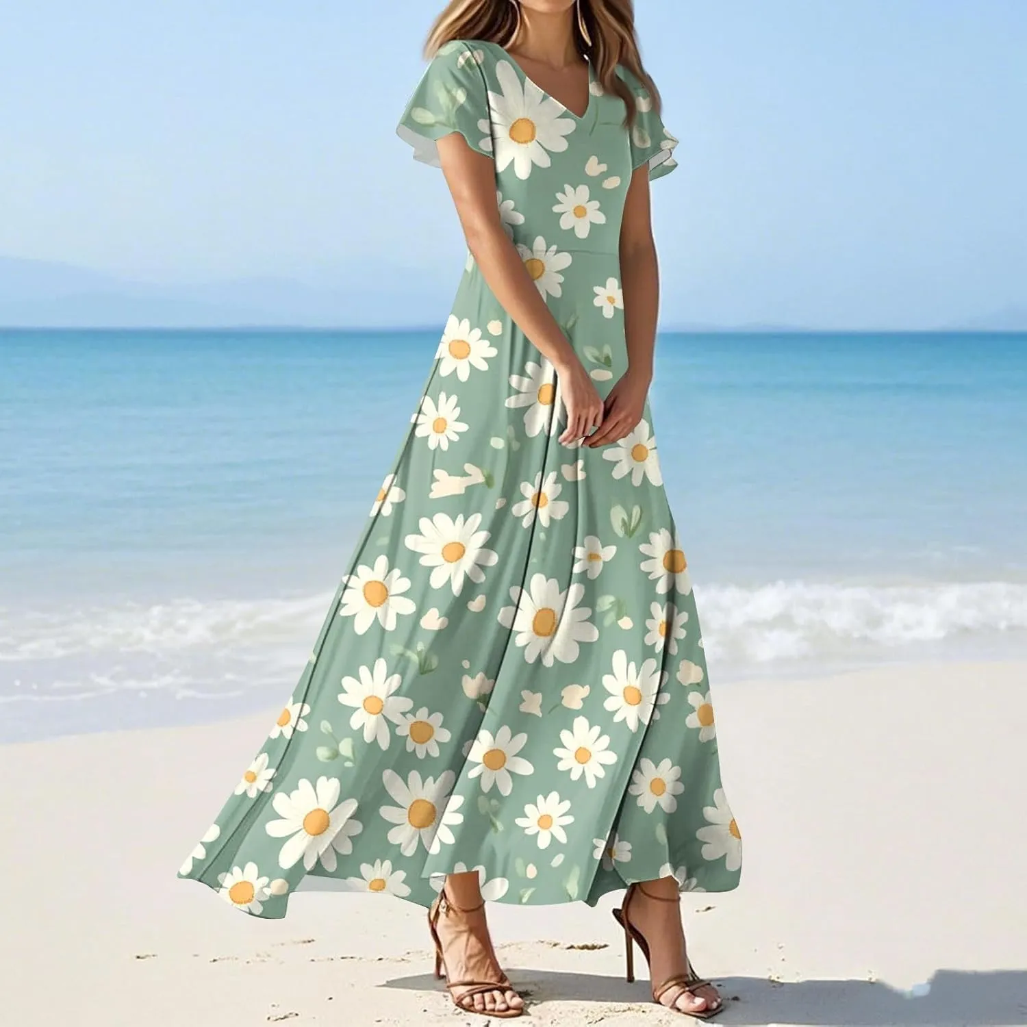 Floral Dress for Women Summer Casual Trendy Short Sleeve V-Neck Print Flowy Boho Maxi Dresses Vacation Outfits