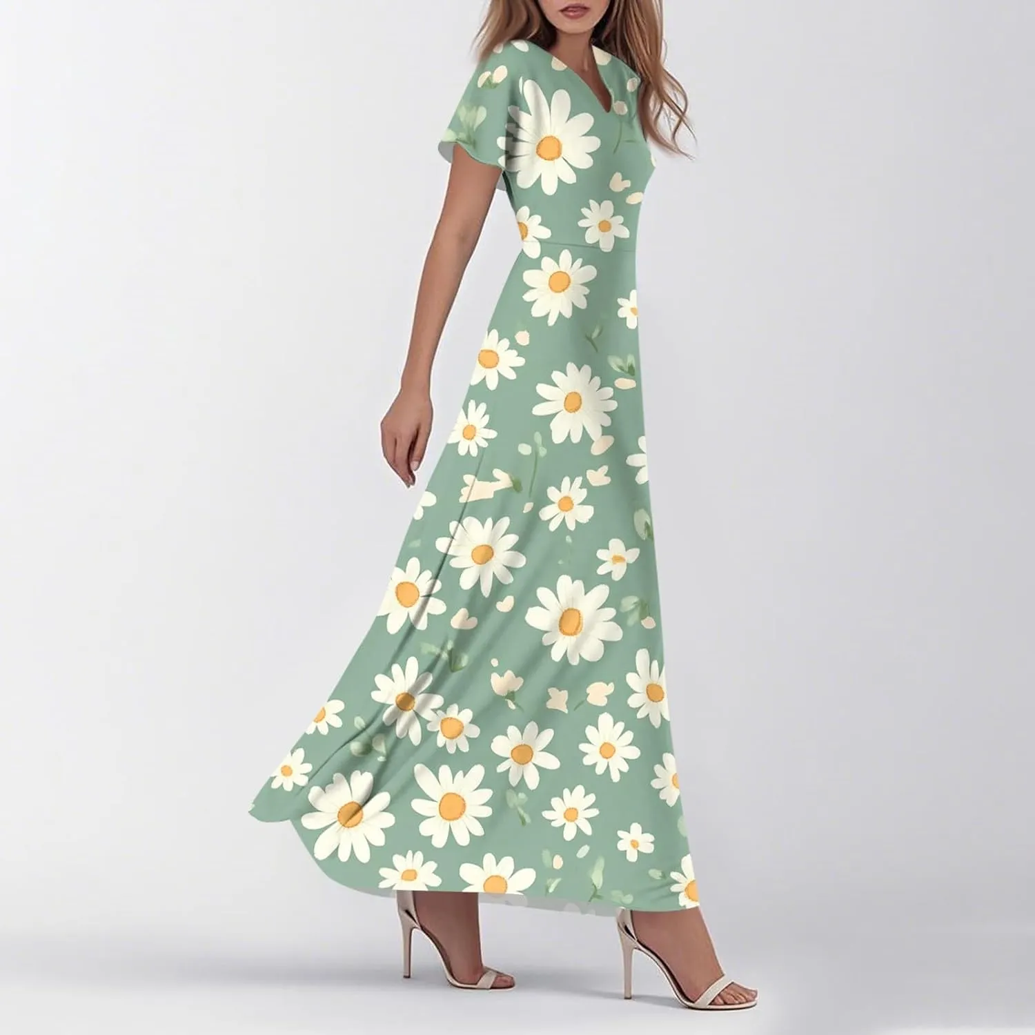 Floral Dress for Women Summer Casual Trendy Short Sleeve V-Neck Print Flowy Boho Maxi Dresses Vacation Outfits