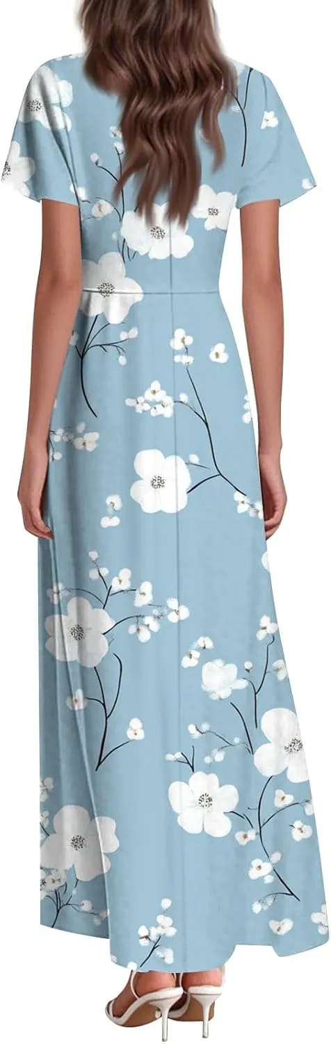 Floral Dress for Women Summer Casual Trendy Short Sleeve V-Neck Print Flowy Boho Maxi Dresses Vacation Outfits