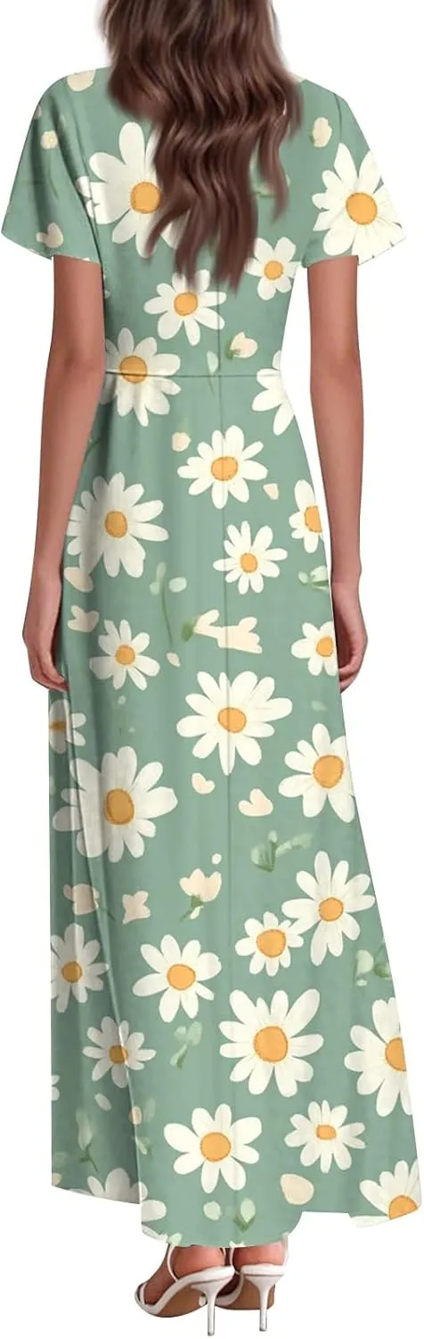 Floral Dress for Women Summer Casual Trendy Short Sleeve V-Neck Print Flowy Boho Maxi Dresses Vacation Outfits