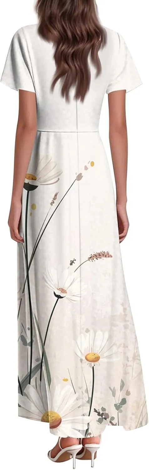 Floral Dress for Women Summer Casual Trendy Short Sleeve V-Neck Print Flowy Boho Maxi Dresses Vacation Outfits