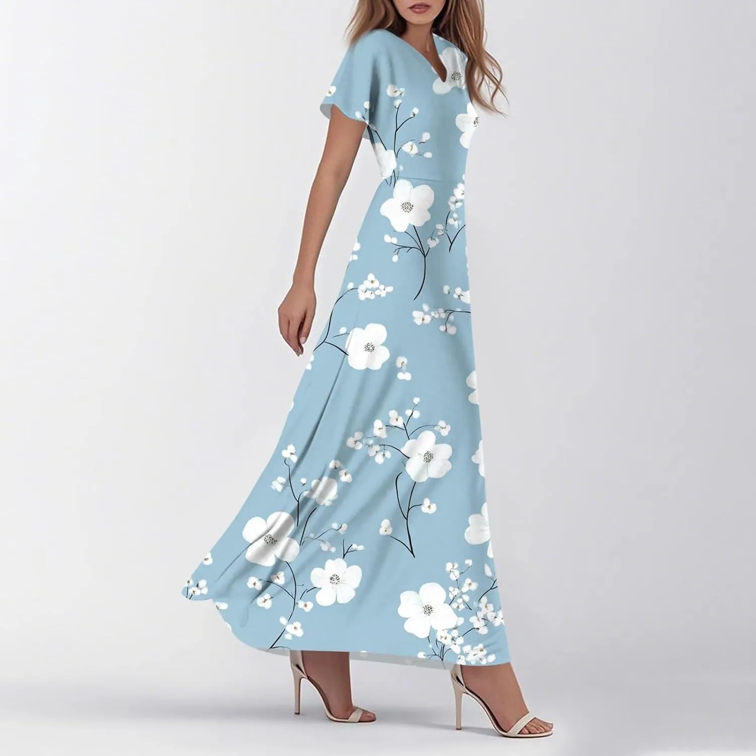 Floral Dress for Women Summer Casual Trendy Short Sleeve V-Neck Print Flowy Boho Maxi Dresses Vacation Outfits