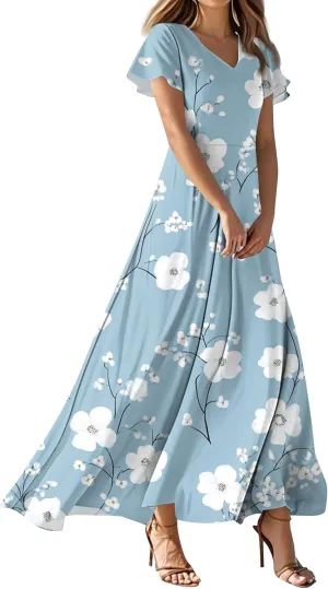Floral Dress for Women Summer Casual Trendy Short Sleeve V-Neck Print Flowy Boho Maxi Dresses Vacation Outfits