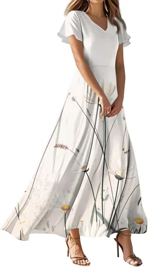 Floral Dress for Women Summer Casual Trendy Short Sleeve V-Neck Print Flowy Boho Maxi Dresses Vacation Outfits