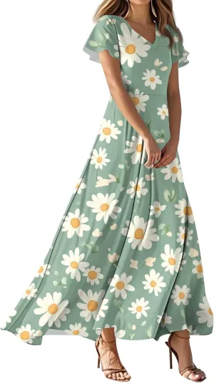 Floral Dress for Women Summer Casual Trendy Short Sleeve V-Neck Print Flowy Boho Maxi Dresses Vacation Outfits
