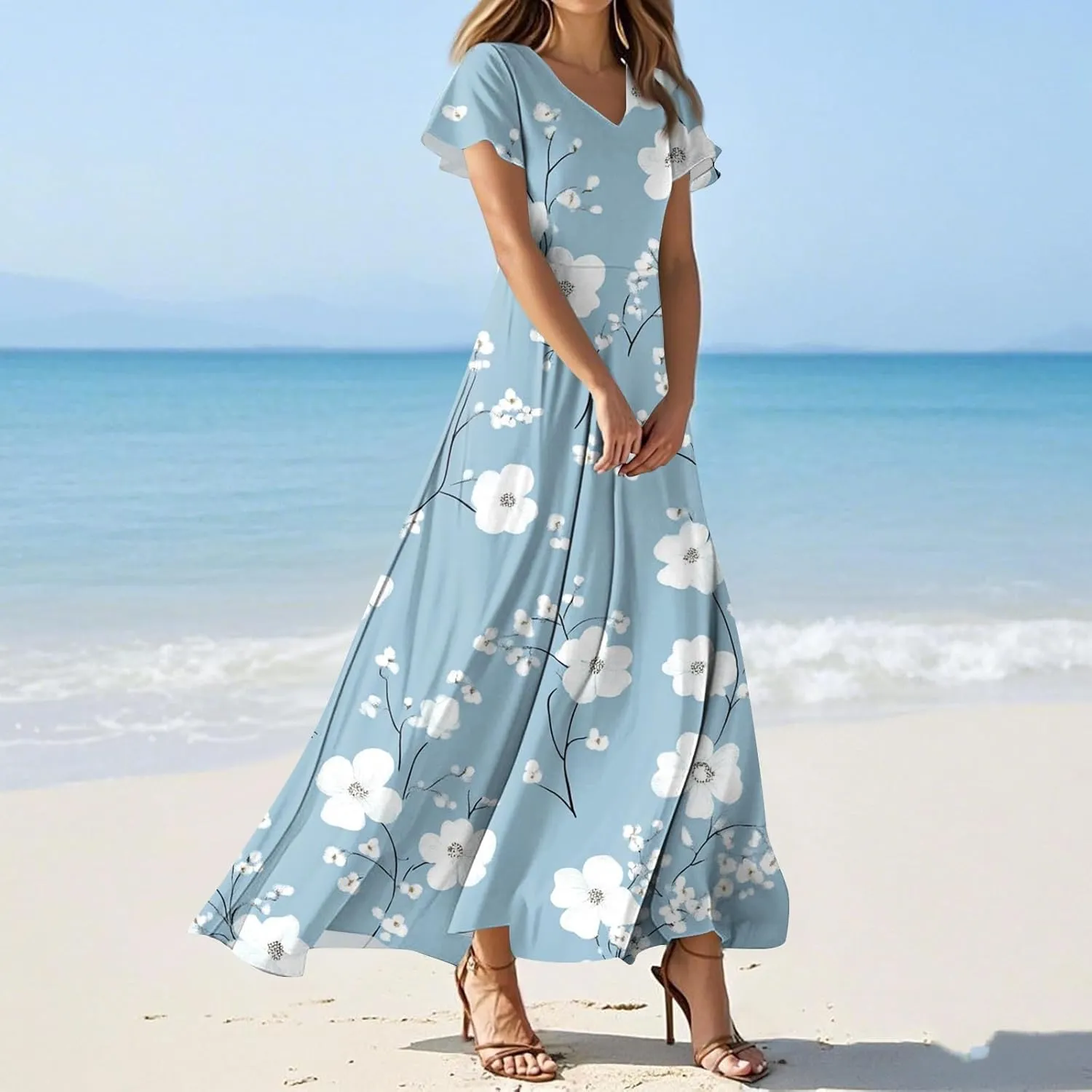 Floral Dress for Women Summer Casual Trendy Short Sleeve V-Neck Print Flowy Boho Maxi Dresses Vacation Outfits