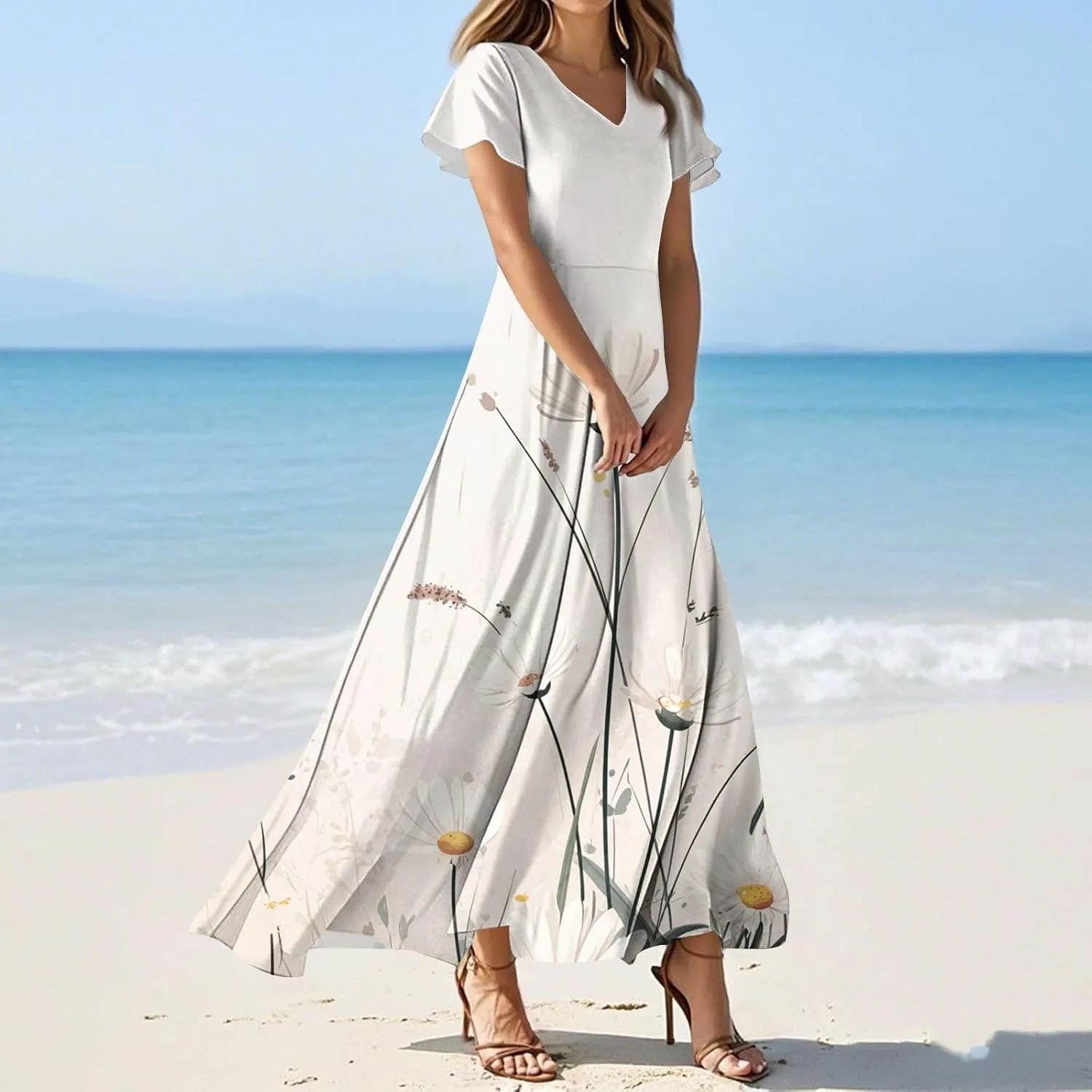 Floral Dress for Women Summer Casual Trendy Short Sleeve V-Neck Print Flowy Boho Maxi Dresses Vacation Outfits