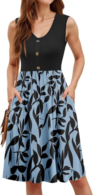 Floral Mini Dresses for Women Patchwork V Neck Wrap Short Sundress Button Trim Swing Flowy Ruffle A Line Tank Dresses