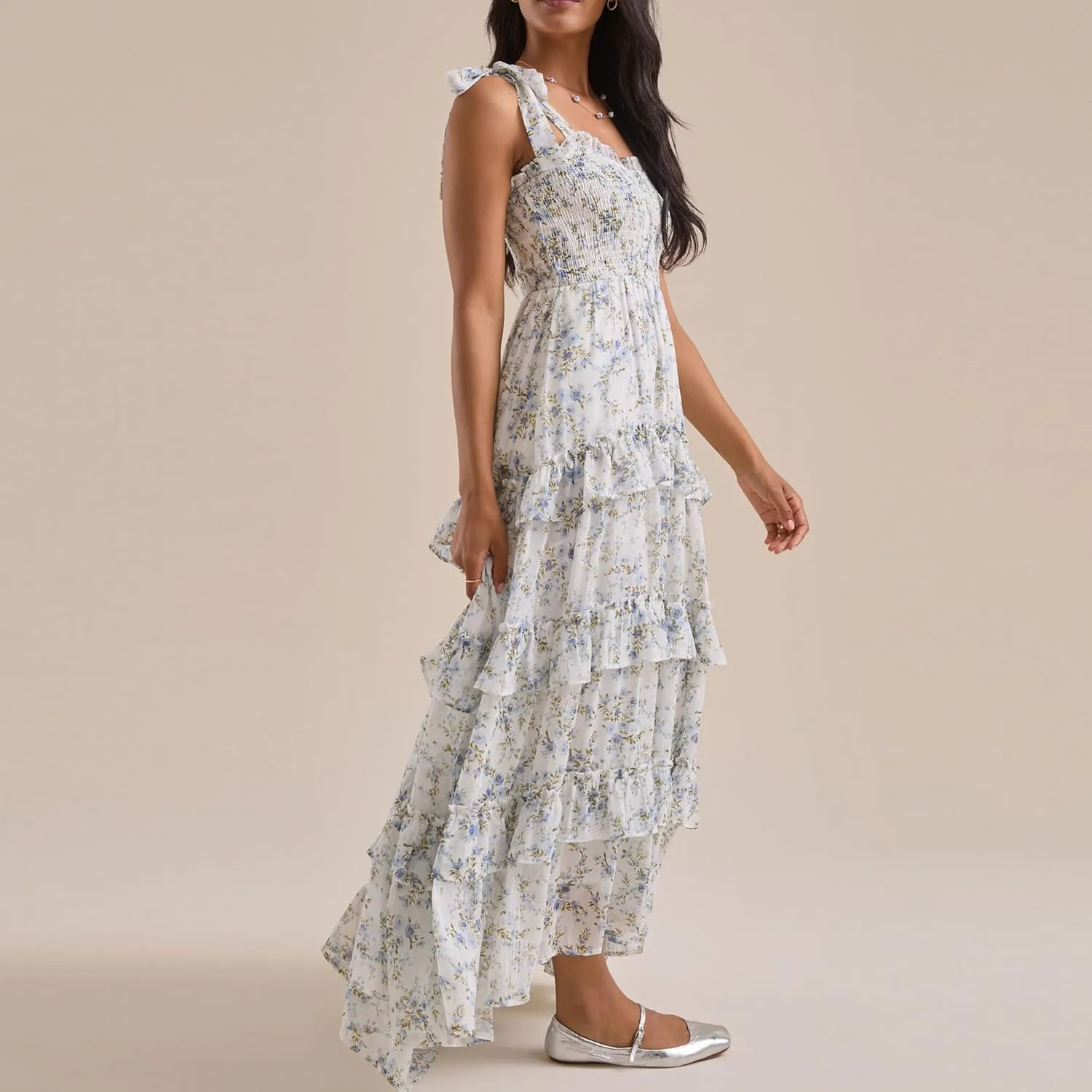 Floral Tie Shoulder Boho Maxi Dress for Women Y2k Spaghetti Strap Smocked Flowy Long Dress Summer Beach Sundress