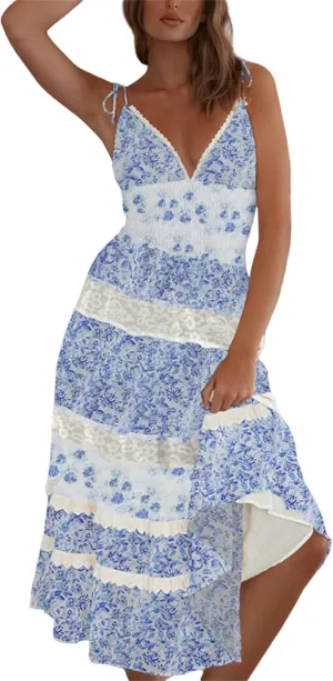 Floral Tie Shoulder Boho Maxi Dress for Women Y2k Spaghetti Strap Smocked Flowy Long Dress Summer Beach Sundress