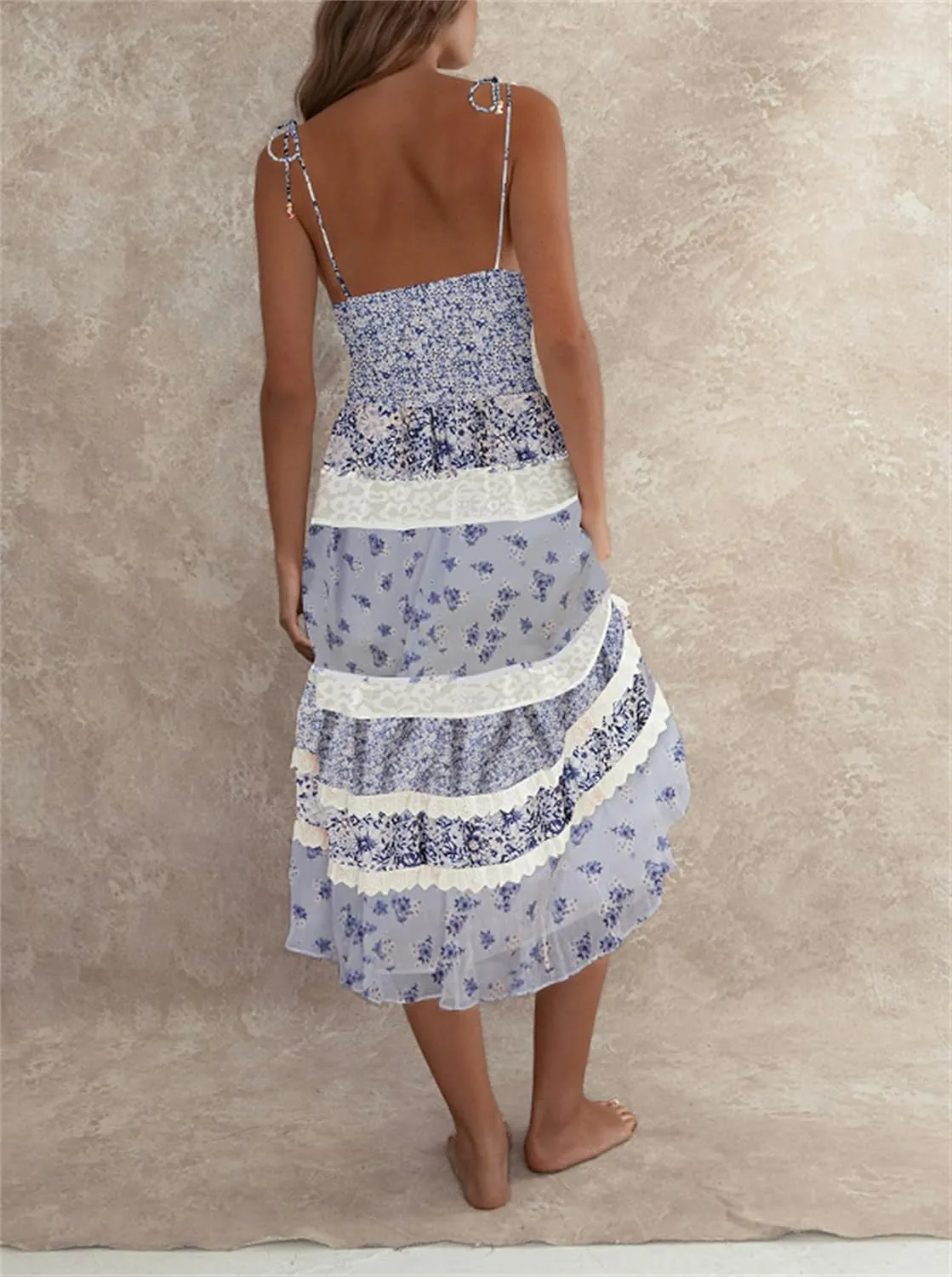 Floral Tie Shoulder Boho Maxi Dress for Women Y2k Spaghetti Strap Smocked Flowy Long Dress Summer Beach Sundress
