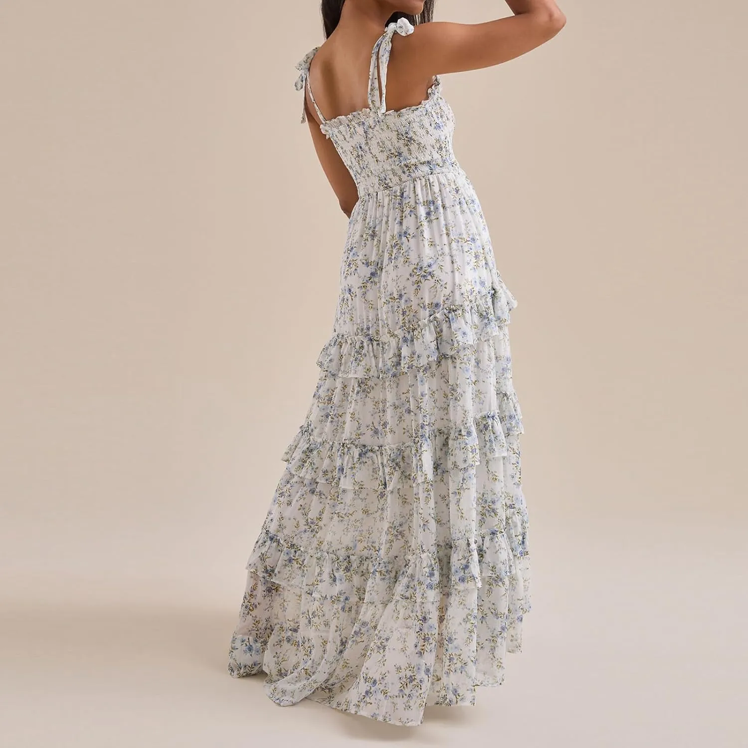 Floral Tie Shoulder Boho Maxi Dress for Women Y2k Spaghetti Strap Smocked Flowy Long Dress Summer Beach Sundress