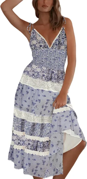 Floral Tie Shoulder Boho Maxi Dress for Women Y2k Spaghetti Strap Smocked Flowy Long Dress Summer Beach Sundress