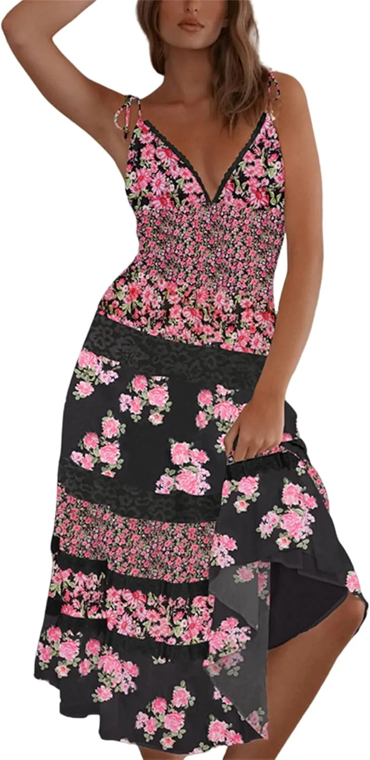 Floral Tie Shoulder Boho Maxi Dress for Women Y2k Spaghetti Strap Smocked Flowy Long Dress Summer Beach Sundress