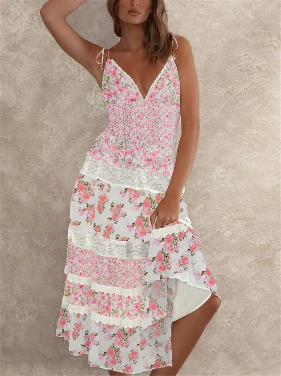 Floral Tie Shoulder Boho Maxi Dress for Women Y2k Spaghetti Strap Smocked Flowy Long Dress Summer Beach Sundress