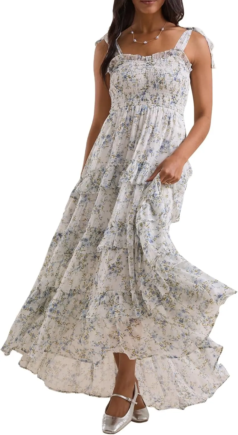 Floral Tie Shoulder Boho Maxi Dress for Women Y2k Spaghetti Strap Smocked Flowy Long Dress Summer Beach Sundress