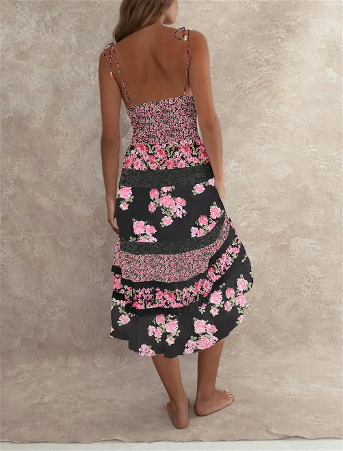 Floral Tie Shoulder Boho Maxi Dress for Women Y2k Spaghetti Strap Smocked Flowy Long Dress Summer Beach Sundress
