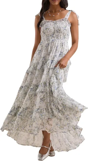 Floral Tie Shoulder Boho Maxi Dress for Women Y2k Spaghetti Strap Smocked Flowy Long Dress Summer Beach Sundress