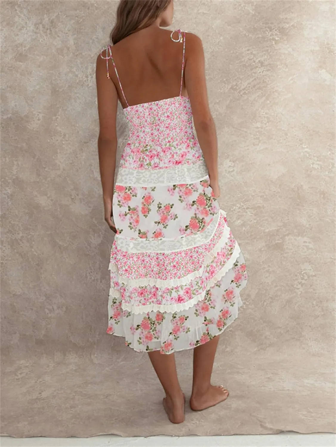 Floral Tie Shoulder Boho Maxi Dress for Women Y2k Spaghetti Strap Smocked Flowy Long Dress Summer Beach Sundress