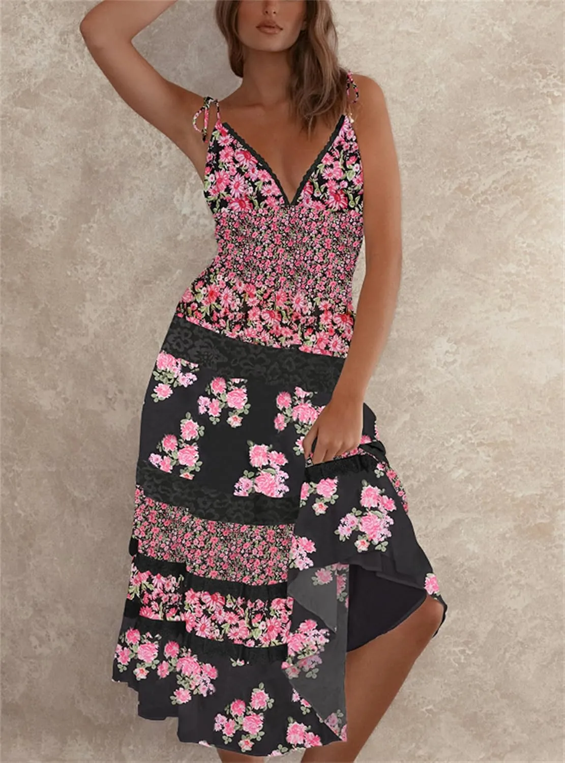 Floral Tie Shoulder Boho Maxi Dress for Women Y2k Spaghetti Strap Smocked Flowy Long Dress Summer Beach Sundress