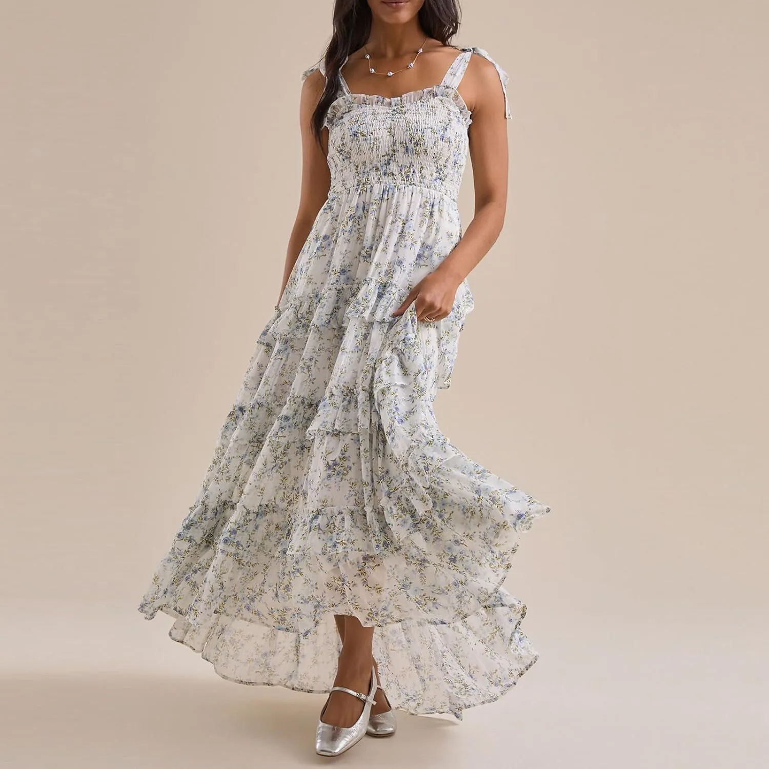 Floral Tie Shoulder Boho Maxi Dress for Women Y2k Spaghetti Strap Smocked Flowy Long Dress Summer Beach Sundress