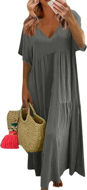 Flowy Dresses for Women Casual Loose Trendy Short Sleeve V-Neck Solid Color Vacation Linen Dress Plus Size, S-5XL