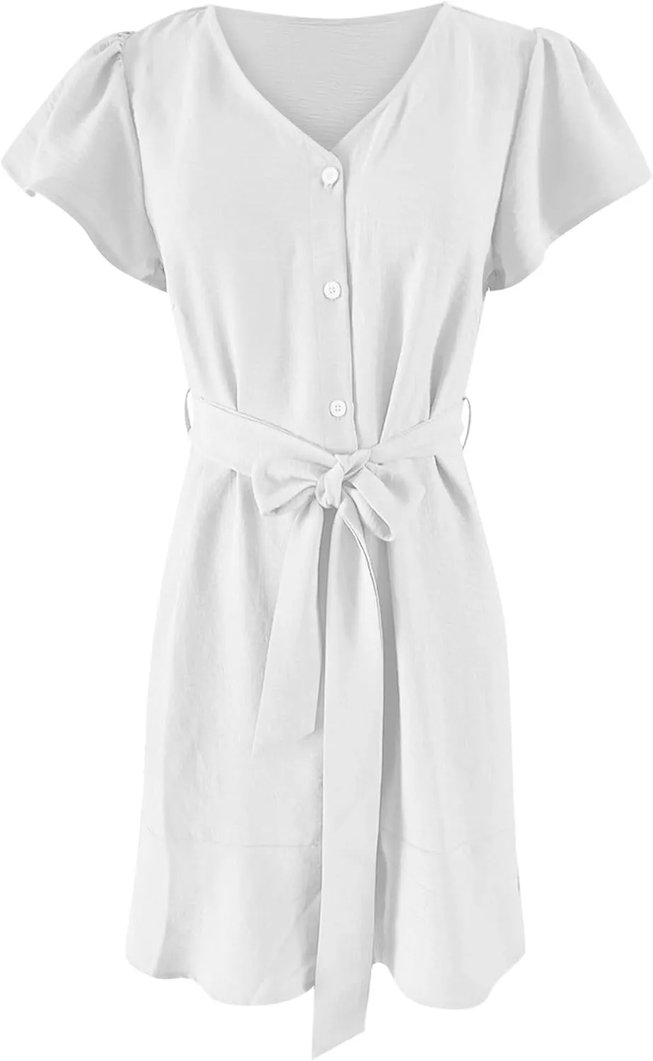 Flowy Dresses for Women,V Neck Button Down Dress Short Sleeve Mini Sundresses Loose Chiffon Shirt Dresses with Belt