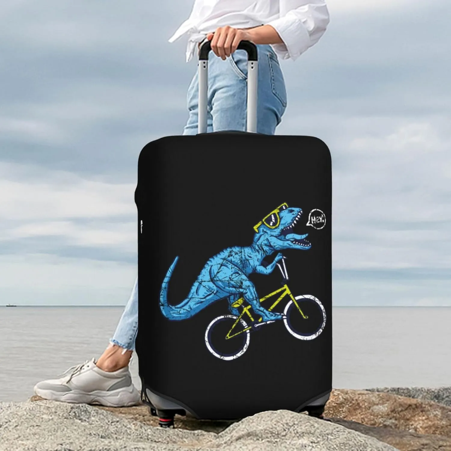 Fun Riding Dinosaur Print Washable Luggage Cover - Fashion Suitcase Protector Fits 18-32 Inch Luggage