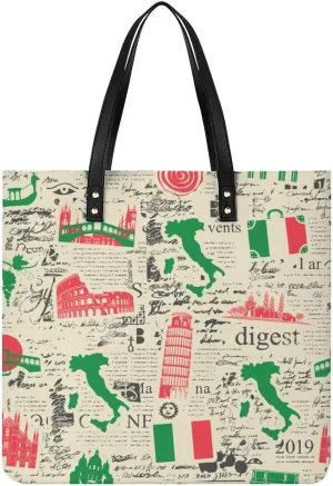 Fun Sketch Italy Pattern Women Tote Bags Top Handle Satchel Handbags PU Faux Leather Tassel Shoulder Purse
