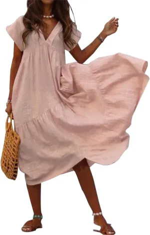 Gauze Dress for Women Cotton Linen Maxi Dress Plus Size Summer Casual Midi Dresses for Women 2024 Cotton Pink Tiered Ruffle Dress,Light Pink,S