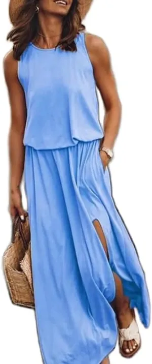 Geleglaer Womens Summer Beach Dresses Crewneck Casual Boho Maxi Dresses Sleeveless Hem Split Tank Sun Dress with Pockets