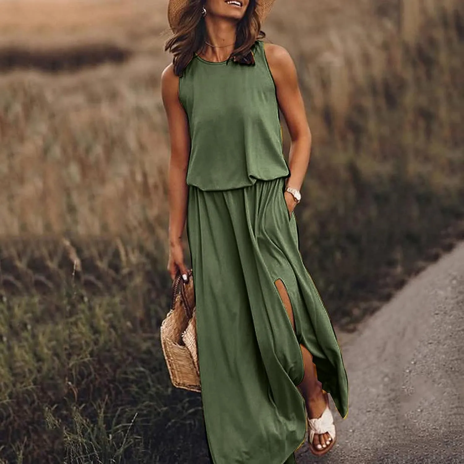 Geleglaer Womens Summer Beach Dresses Crewneck Casual Boho Maxi Dresses Sleeveless Hem Split Tank Sun Dress with Pockets
