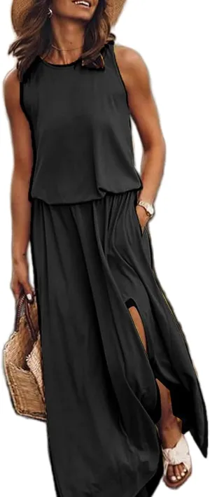 Geleglaer Womens Summer Beach Dresses Crewneck Casual Boho Maxi Dresses Sleeveless Hem Split Tank Sun Dress with Pockets