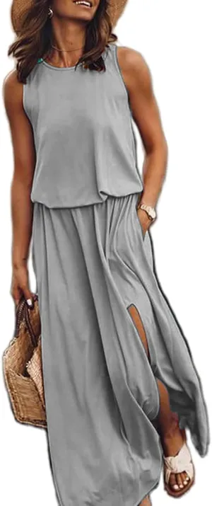 Geleglaer Womens Summer Beach Dresses Crewneck Casual Boho Maxi Dresses Sleeveless Hem Split Tank Sun Dress with Pockets