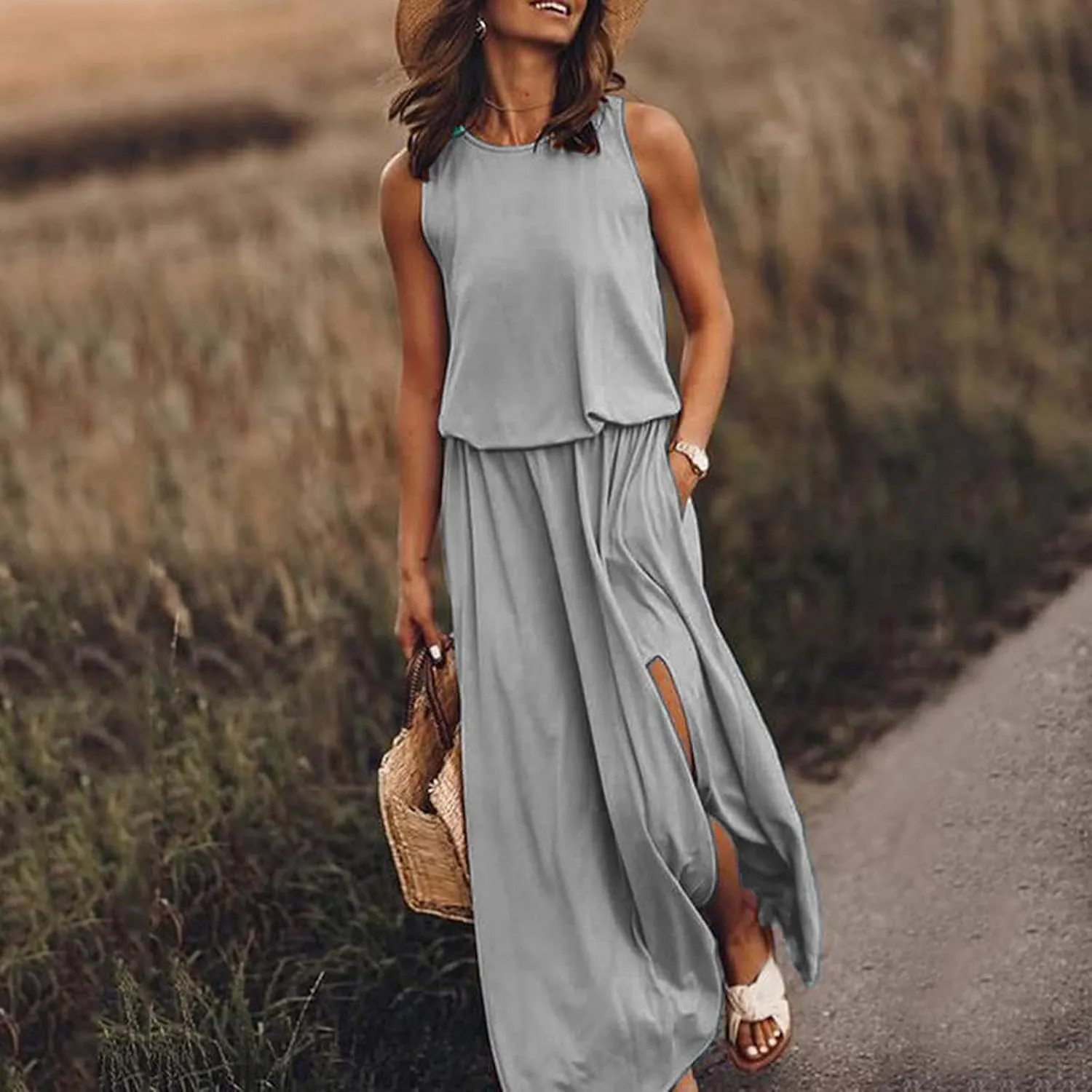 Geleglaer Womens Summer Beach Dresses Crewneck Casual Boho Maxi Dresses Sleeveless Hem Split Tank Sun Dress with Pockets