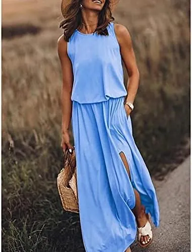 Geleglaer Womens Summer Beach Dresses Crewneck Casual Boho Maxi Dresses Sleeveless Hem Split Tank Sun Dress with Pockets