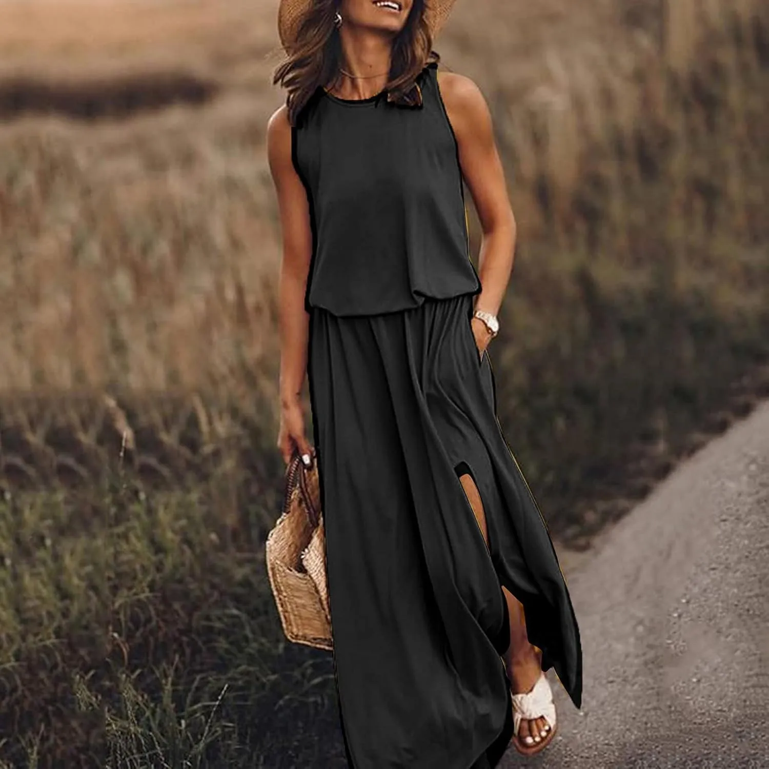 Geleglaer Womens Summer Beach Dresses Crewneck Casual Boho Maxi Dresses Sleeveless Hem Split Tank Sun Dress with Pockets