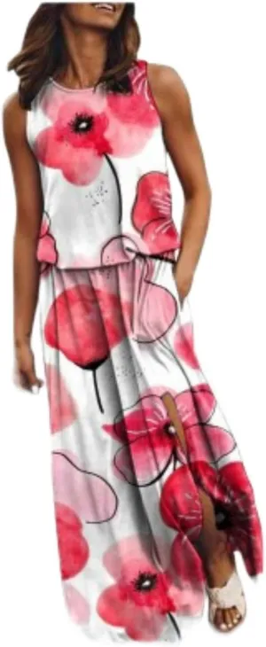 Geleglaer Womens Summer Beach Dresses Crewneck Casual Boho Maxi Dresses Sleeveless Hem Split Tank Sun Dress with Pockets