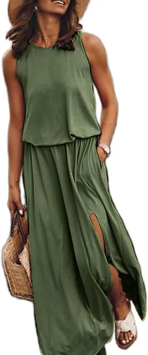 Geleglaer Womens Summer Beach Dresses Crewneck Casual Boho Maxi Dresses Sleeveless Hem Split Tank Sun Dress with Pockets
