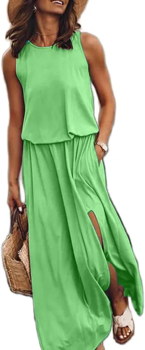 Geleglaer Womens Summer Beach Dresses Crewneck Casual Boho Maxi Dresses Sleeveless Hem Split Tank Sun Dress with Pockets