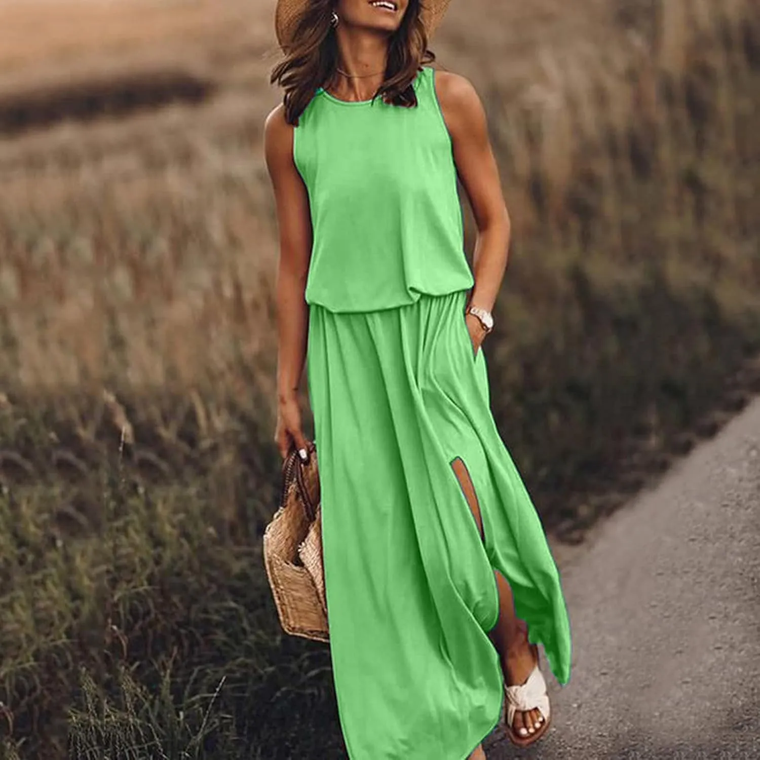 Geleglaer Womens Summer Beach Dresses Crewneck Casual Boho Maxi Dresses Sleeveless Hem Split Tank Sun Dress with Pockets