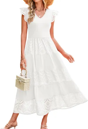 GRACE KARIN Women Summer Maxi Dresses Casual V Neck Ruffle Sleeve Lace Eyelet Tiered A Line Flowy Sundress with Pockets