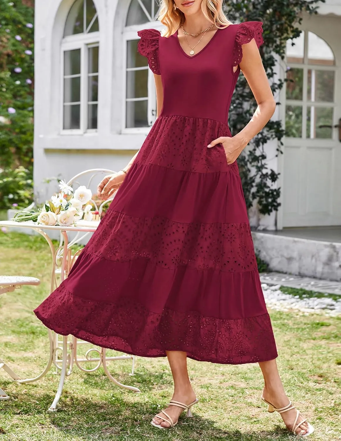 GRACE KARIN Women Summer Maxi Dresses Casual V Neck Ruffle Sleeve Lace Eyelet Tiered A Line Flowy Sundress with Pockets