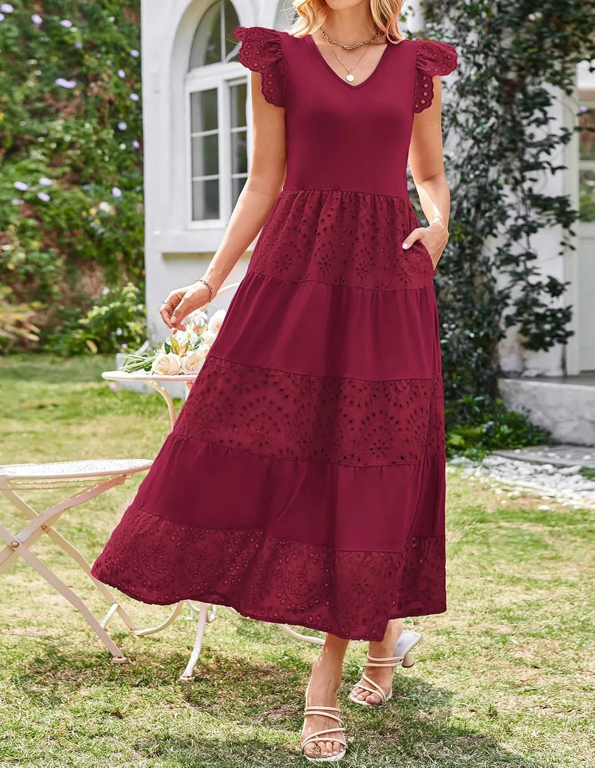 GRACE KARIN Women Summer Maxi Dresses Casual V Neck Ruffle Sleeve Lace Eyelet Tiered A Line Flowy Sundress with Pockets