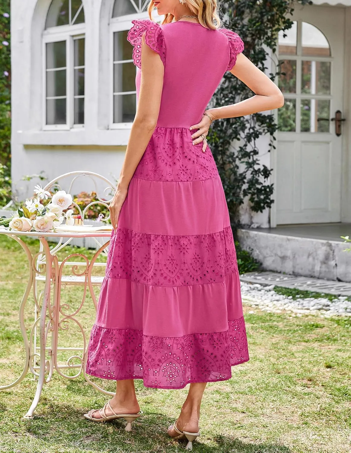 GRACE KARIN Women Summer Maxi Dresses Casual V Neck Ruffle Sleeve Lace Eyelet Tiered A Line Flowy Sundress with Pockets