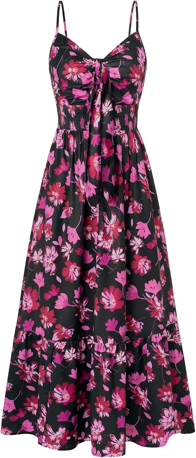GRACE KARIN Women's 2025 Summer Maxi Dress Floral Tie Front Spaghetti Strap Casual Boho Beach Flowy Sundress with Pockets