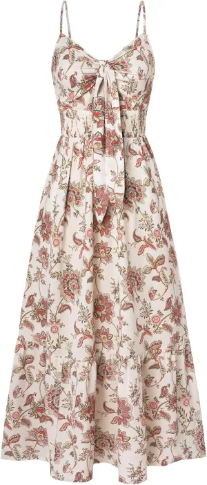 GRACE KARIN Women's 2025 Summer Maxi Dress Floral Tie Front Spaghetti Strap Casual Boho Beach Flowy Sundress with Pockets