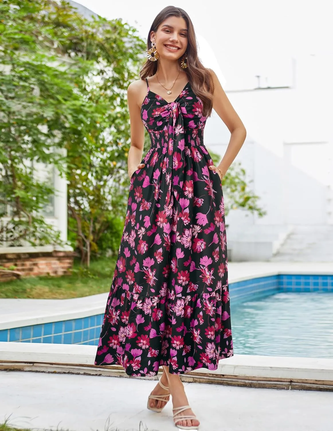 GRACE KARIN Women's 2025 Summer Maxi Dress Floral Tie Front Spaghetti Strap Casual Boho Beach Flowy Sundress with Pockets