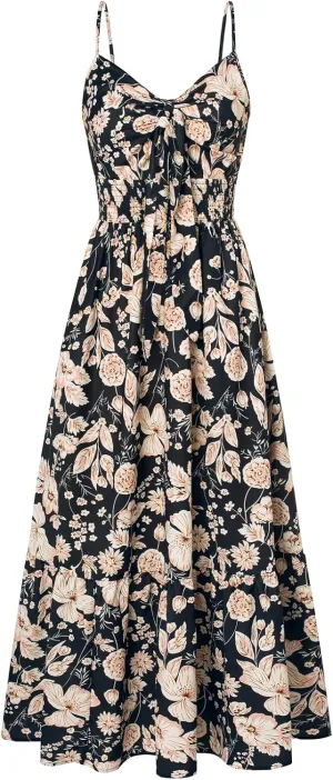 GRACE KARIN Women's 2025 Summer Maxi Dress Floral Tie Front Spaghetti Strap Casual Boho Beach Flowy Sundress with Pockets